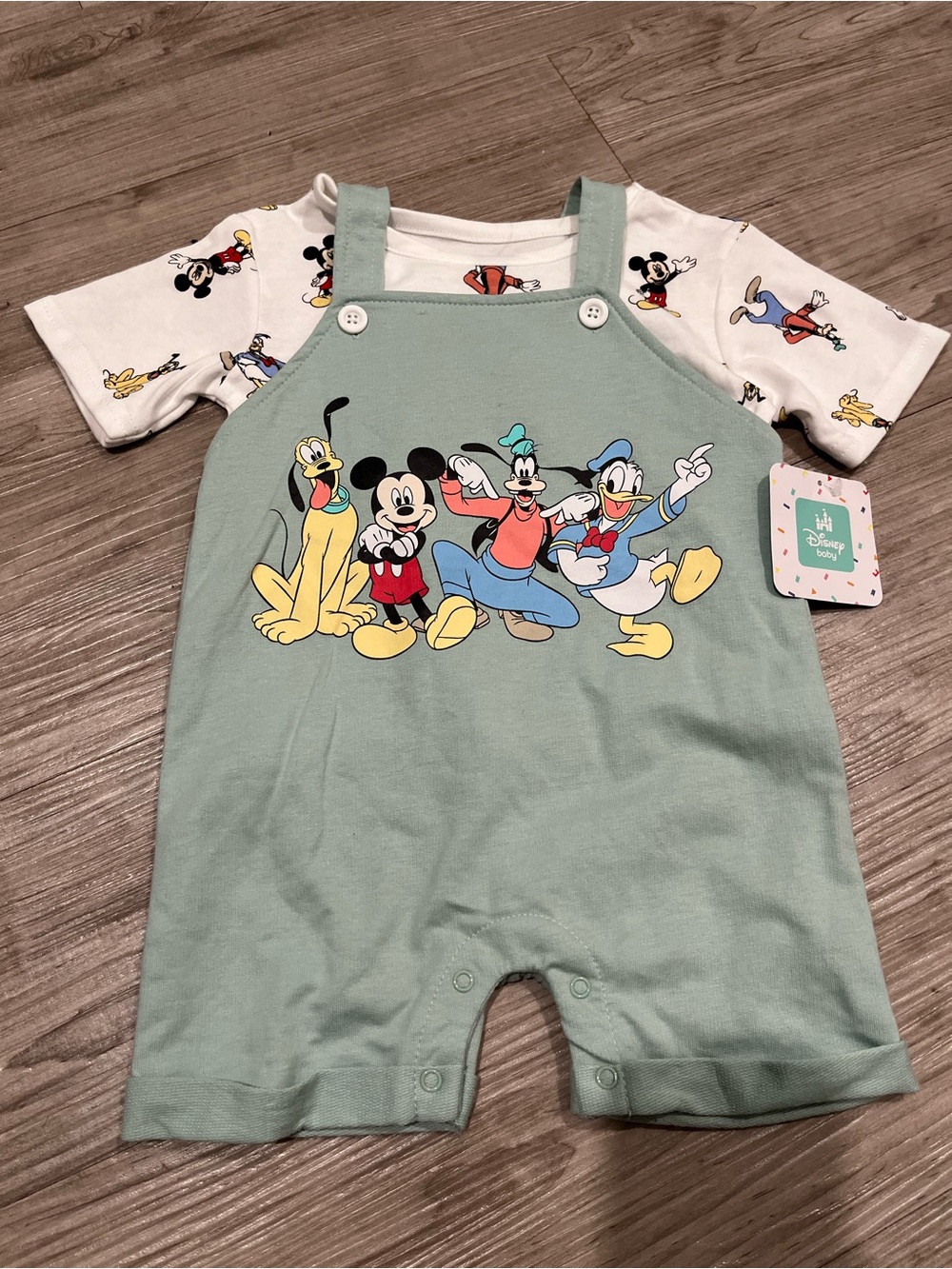 Disney Baby Sage Green Overall Set with White Graphic Tee